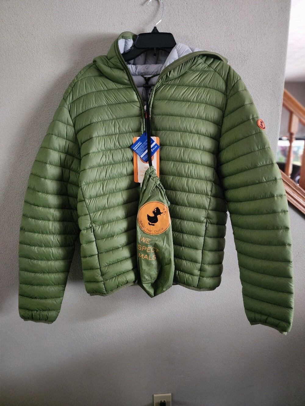 Save The Duck Men's L Giga Hooded Puffer Jacket Olive Green NWT